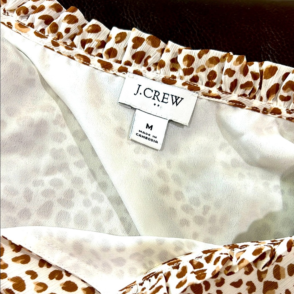 Leopard Print Ruffle V-Neck Women’s Blouse - Cream and Brown J Crew Medium #EE - Picture 5 of 7